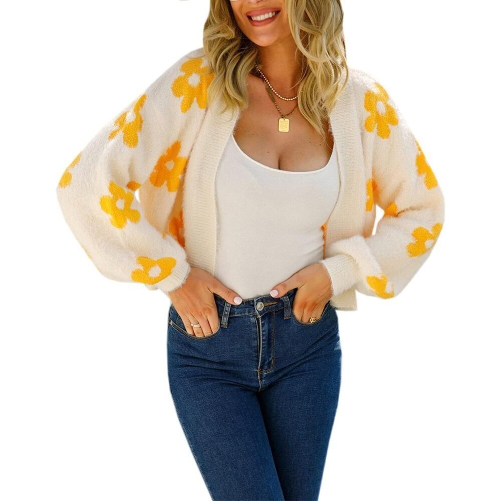 Women Floral Cropped Cardigan Knit Long Sleeve Button Up Casual Y2K